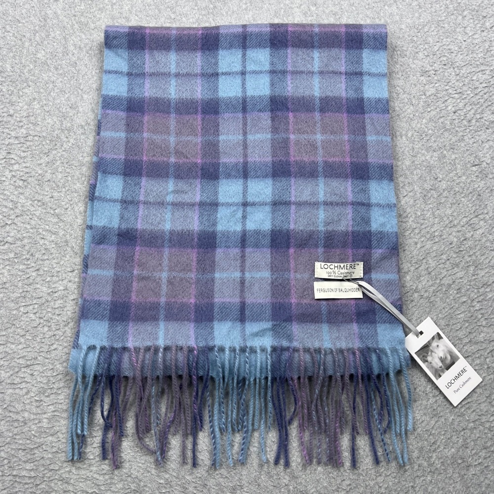 NEW Lochmere Scarf 100% Cashmere Blue Plaid Ferguson Balquhidder Tassel Fringe